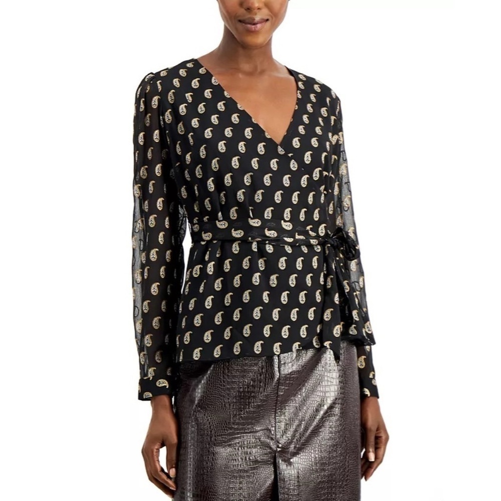 INC International Concepts Paisley Print Tie Front Top Black